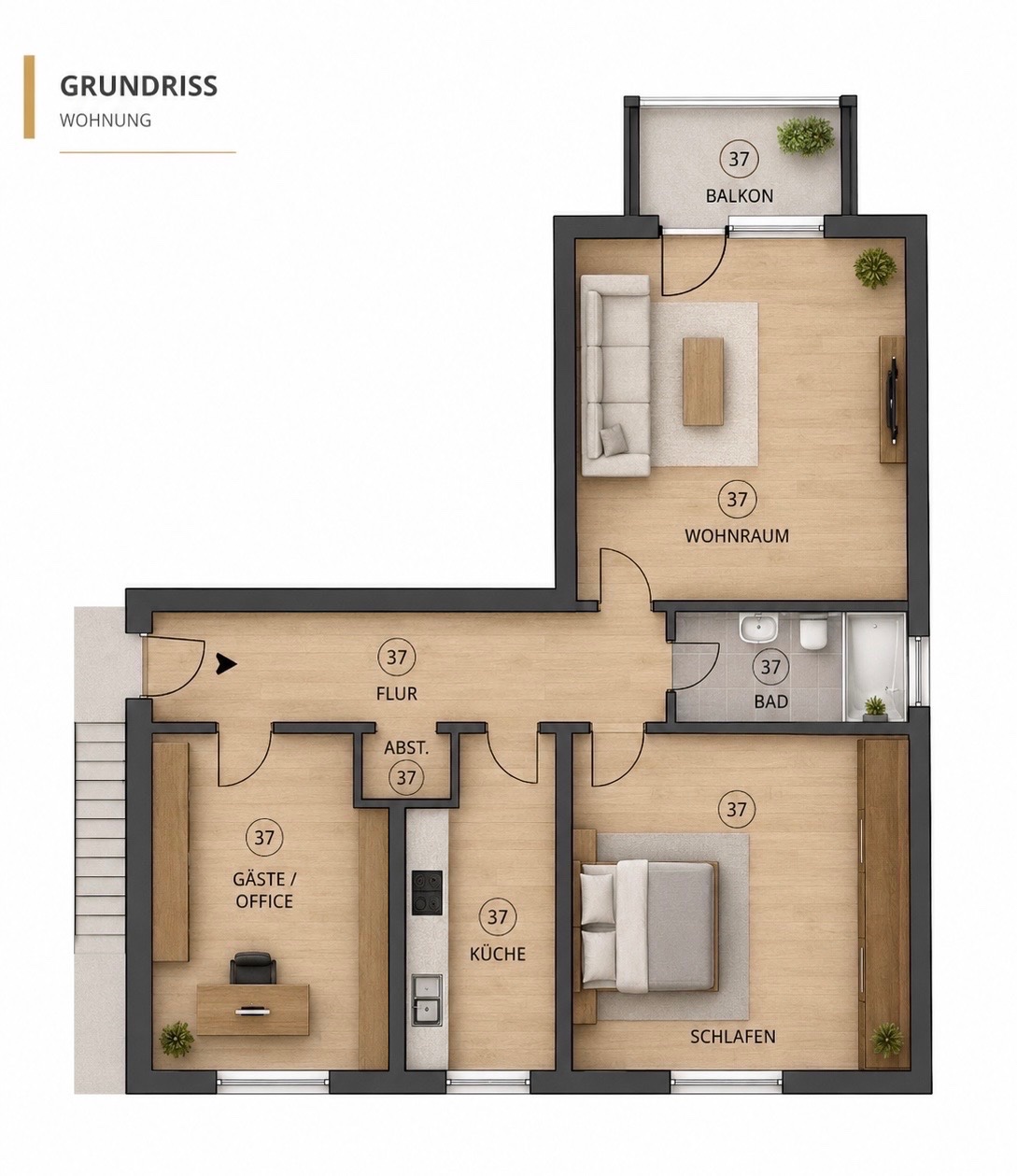 3-Zimmer Wohnung voll möbliert in Sendling München – Grundriss